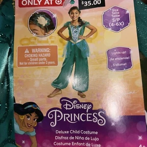 Disney Princess Jasmine Costume Small 4-6X Light Up Green Halloween Girls - Picture 1 of 2