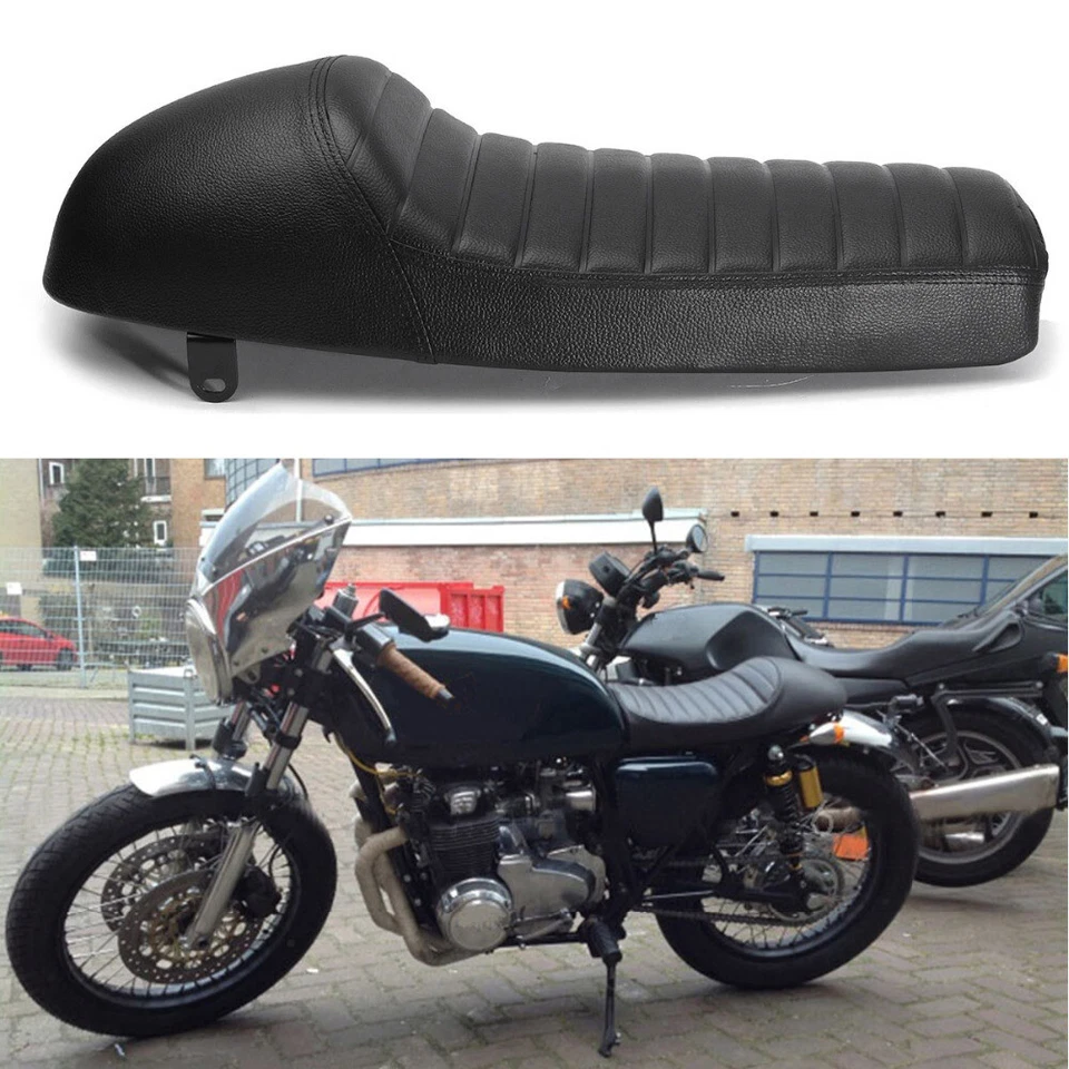 Black Leather Flat/Hump Cafe Racer Seat Cushion Saddle Universal Motorcycles - Image 1 of 4