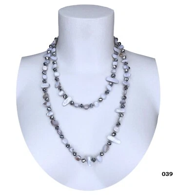 Argento Gri Collana Madreperla Cristallo Pietre Dure Filo Lungo Donna 110cm M/39 - Immagine 1 di 2