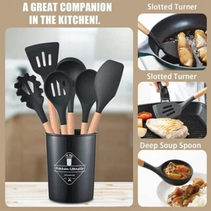 12PCS Silicone Kitchen Utensil Set with Wooden Handles - Picture 1 of 11