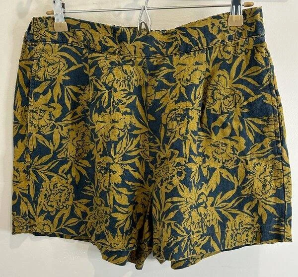 Pantalones Cortos Madewell 100% Lino Azul Oliva Verde Estampado Floral Pull On Frente Plano 3" I Foto 1 de 4