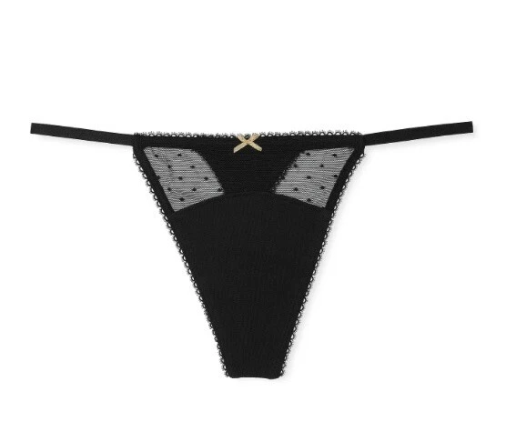 Victoria's Secret Cotton V-String Thong Panty Dot Mesh Black Medium - Image 1 of 1