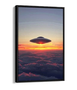 UFO FLOATING ABOVE THE CLOUDS -FLOAT EFFECT FRAMED CANVAS WALL ART PRINT - Picture 1 of 8