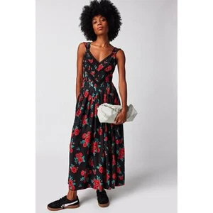 New Free People Lovers Heart Midi Dress $168 MEDIUM Black & Red Floral Lace Trim - Picture 1 of 5