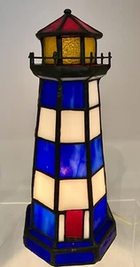 Vintage Stained Glass Lighthouse Lamp Nautical Beach Blue White Yellow Red 8.5” - Picture 1 of 10