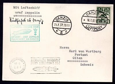 GERMANY DANZIG 1932 ZEPPELIN POST CARD RÜCKFAHRT AB DANZIG TO SWITZERLAND - Image 1 of 2