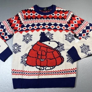 Peanuts Puffer Ugly Christmas Sweater Mens M Red White Snoopy Pom Pom - Picture 1 of 10