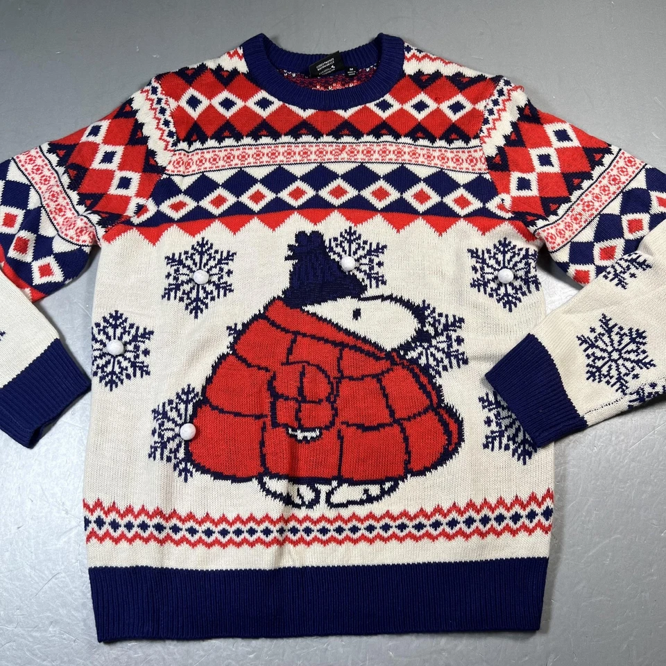 Peanuts Puffer Ugly Christmas Sweater Mens M Red White Snoopy Pom Pom - Image 1 of 4