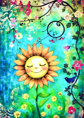 ACEO - Cartão de troca de artista 2,5x3,5, mica no girassol verde caprichoso ATC - Imagem 1 de 3