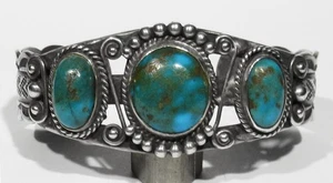 Brazalete Turquesa Gran Peón Antiguo Años 30 Navajo Plata 925 Natural AZUL GEMA 6 1/4" - Imagen 1 de 9