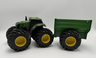 John Deere Monster Large Treads Tractor Sounds & Lights Work with trailer Green - Image 1 of 4