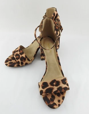 Sandalias de fiesta antiguas azul marino aterciopeladas con estampado de leopardo correa en el tobillo tacón bloque para mujer talla 9 Foto 1 de 4
