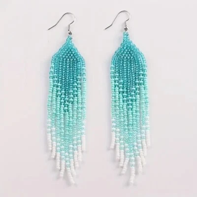 Teal Blue Bohemian Style Hand Braided Long Tassel Beaded Earrings Women Fashion - Image 1 of 4