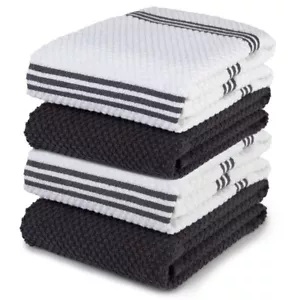 Kitchen Dish & Tea Hand Towels 100% Cotton Set of 4 Gray and White 28 in x 16 in - Picture 1 of 5