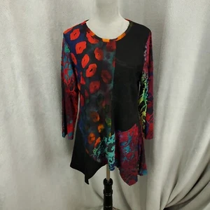 Calessa Tunic Womens Large Dark Multicolor Mixed Print Abstract Neon Colorblock - Picture 1 of 9