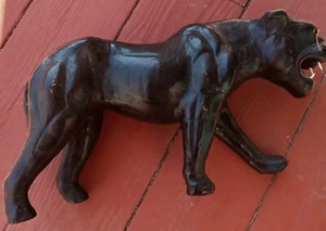 VINTAGE MID CENTURY BLACK LEATHER WRAPPED BLACK PANTHER SCULPTURE 15" LONG - Picture 1 of 7