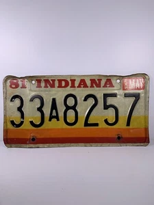 Vtg Original Indiana 1981 Year License Plate 33A8257 Stripes Yellow Red Orange - Picture 1 of 2