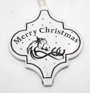 Horse Merry Christmas Ornament Barn Gift Porcelain Tile 4" Fancy Holiday White - Picture 1 of 4