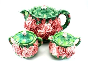 The Haldon Group JUEGO DE TÉ Tetera Crema Azúcar 6 Piezas con Tapas Rosa 1987 De Colección - Imagen 1 de 24