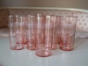 Vintage 9 seltene PINK DEPRESSION gebänderte Optik gerippt TUMBLER GLÄSER 12 Unzen - Bild 1 von 14
