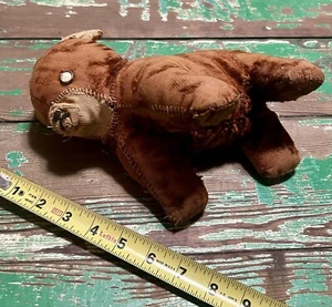 Primitive Stuffed Animal Hand Sown Brown Dog w/ Metal Button Eyes Rare!! - Picture 1 of 7