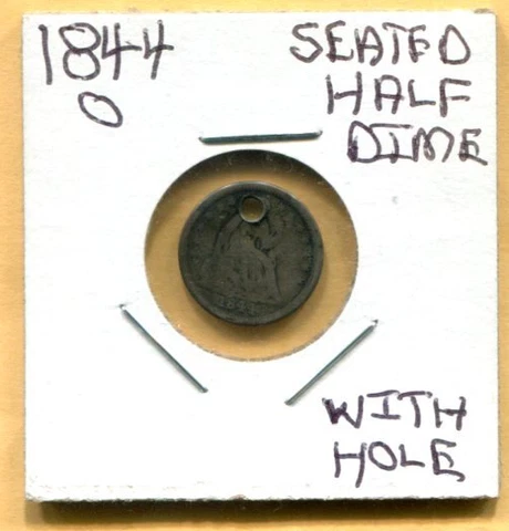 1844-O Stars Obverse SEATED LIBERTY Half Dime - Low Grade Holed - Free Shipping Cover