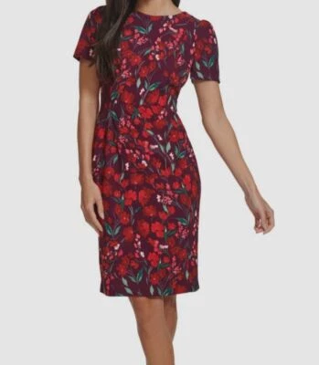 Calvin Klein Women's Red Floral Jewel Neck Short Sleeve Dress Petite Sz 0P - Image 1 of 3