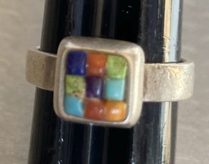 Anillo Turquesa Vintage Southwest Plata Esterlina 925 Multi Tablero de Cuadros Talla 6 - Imagen 1 de 11