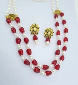 BEAUTIFUL HAND MADE Fashionable Red & White Beads LAYERED NECKLACE EARRING SET - Picture 1 of 4