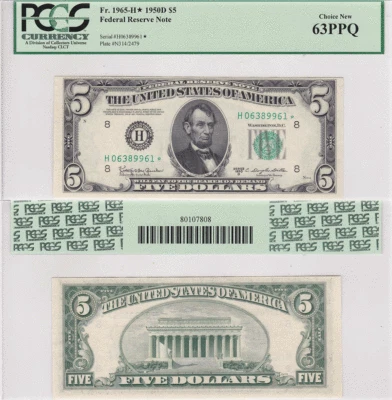 1950-D $5 Federal Reserve Note St. Louis District Star FR 1965-H* PCGS 63PPQ - Image 1 of 4
