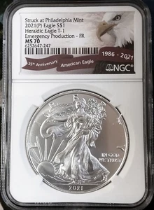2021 American Eagle Silver Dollar  1 oz 999 Silver NGC MS70 Emergency Production - Picture 1 of 2