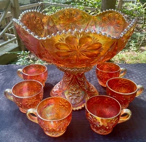 BEAUTIFUL VINTAGE CARNIVAL IMPERIAL MARIGOLD 474 EIGHT PIECE PUNCH BOWL SET - Picture 1 of 10