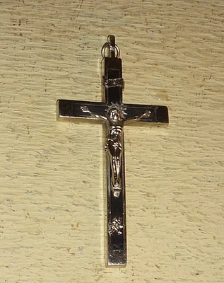 Antiguo ATAÚD ALEMÁN / Crucifijo de hábito con calavera y huesos cruzados placa de plata y madera Foto 1 de 4