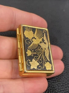 Vtg Damascene Toledo Spain Small Inlaid Pill Box Bird Flower Design Black Inlay - Picture 1 of 24