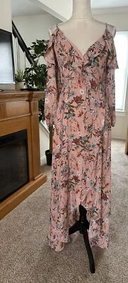 GB Women’s Peach Floral Maxi Wrap Ruffle Dress Sz  XS Cold Shoulder Long Sleeve - Image 1 of 4