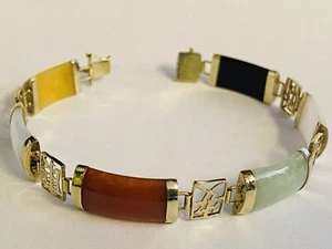 Vintage Chinese 14K Solid Gold Fortune Multi Color Jade Bracelet - Picture 1 of 9