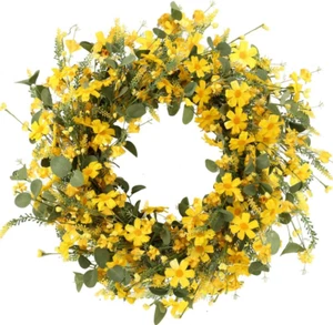Artificial Spring Wreath 22 Inch Summer Wreaths for Front Door Yellow Daisy Wrea - Picture 1 of 12