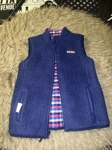 Vineyard Vines Girls Moonshine Blue/Pink Plaid Reversible Sherpa Full Zip Vest L - Picture 1 of 6