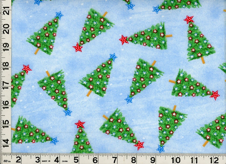 Árbol de Navidad con adornos de estrellas en tela de costura acolchada azul por yarda #3174 Foto 1 de 1