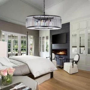 24"Modern Black Chandelier Crystal Ceiling Fixture Hanging Chain Pendant Lamps - Picture 1 of 14