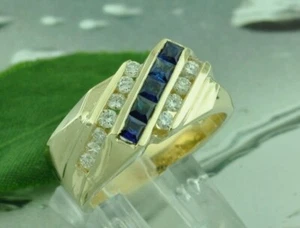 14k Solid Yellow Gold Mens Men's Natural Diamond & Blue Sapphire Ring 1.20 ct - Picture 1 of 7