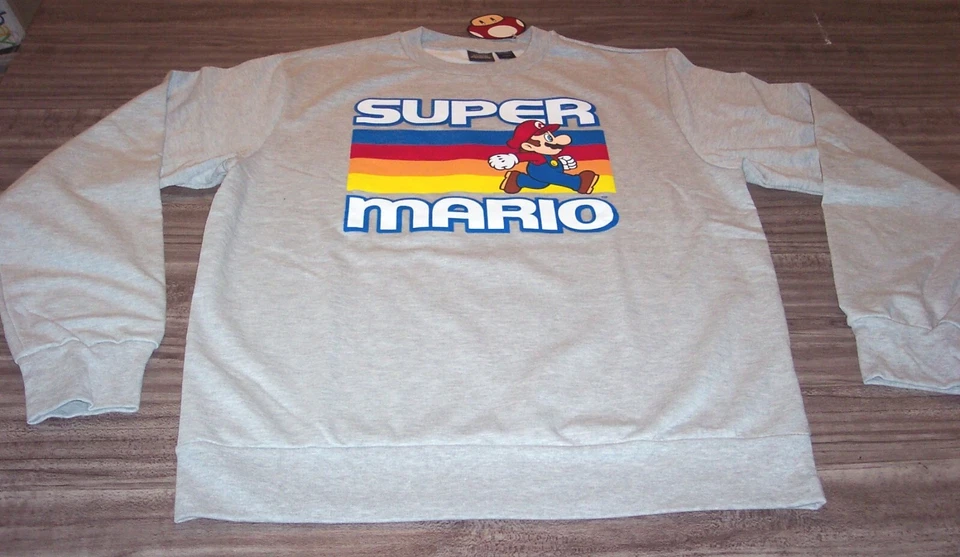 Nintendo Mens Size LARGE Super Mario Brothers Gray Crew Neck Sweatshirt EUC