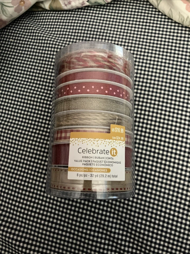 Brand New Celebrate it Eight Pack Christmas Red/Burlap Ribbon 32 Yds Total - Image 1 of 1