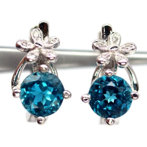 Gemstone 6 MM. London Blue Topaz & Cubic Zirconia Earrings 925 Sterling Silver - Picture 1 of 4