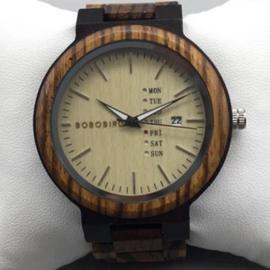 Bobo Bird Wooden Watch Men 46mm Day Date Light Brown Wood Round Dial 6" - Picture 1 of 12
