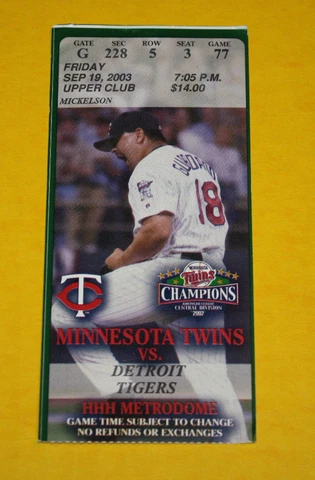 Minnesota Twins Ticket Stub | September 19 2003 | Torii Hunter Hit Eric Milton W Cover