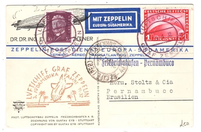 GERMANY Eckener Card GRAF ZEPPELIN 1m Air *3.SÜDAMERIKAFAHRT* 1932 Recife KZ119 - Image 1 of 4