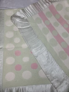 Vintage Satin Trimmed Baby Blanket Stipes Dots Green Pink Double Sided 42x35” - Picture 1 of 9