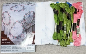 Tobin "Rosebuds & Hearts" 6 Stamped QUILT BLOCKS 8800/4 +23 Skeins DMC Floss NEW - Picture 1 of 2