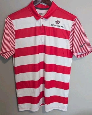 Louisiana-Lafayette Ragin' Cajuns Nike Mens S Striped Golf Polo Wht/Red Dri-Fit - Image 1 of 4
